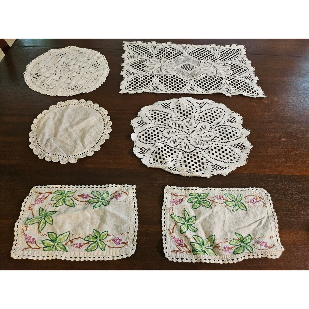 Vintage Doily Set 6pc White Cream Lace Floral Embroidered Table Mats
